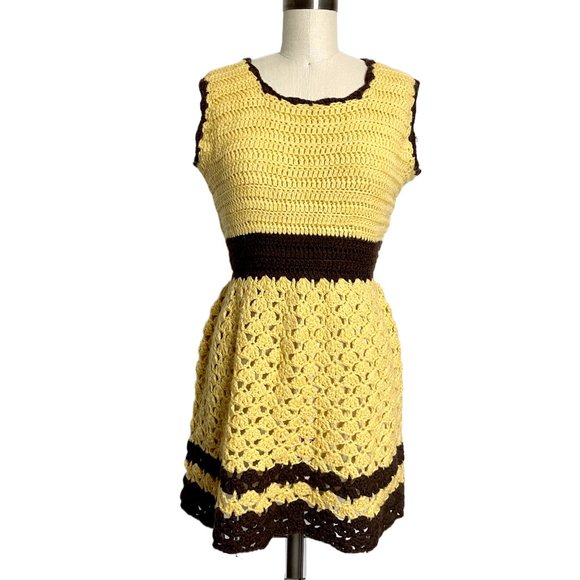 Gold and brown crocheted sleeveless mini dress - size medium - Picture 1 of 9